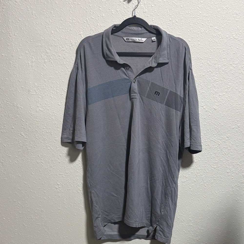 TravisMathew Mens Grey Heather Chest Stripe Short‎ Sleeve Golf Polo Shirt Size L - Picture 2 of 6